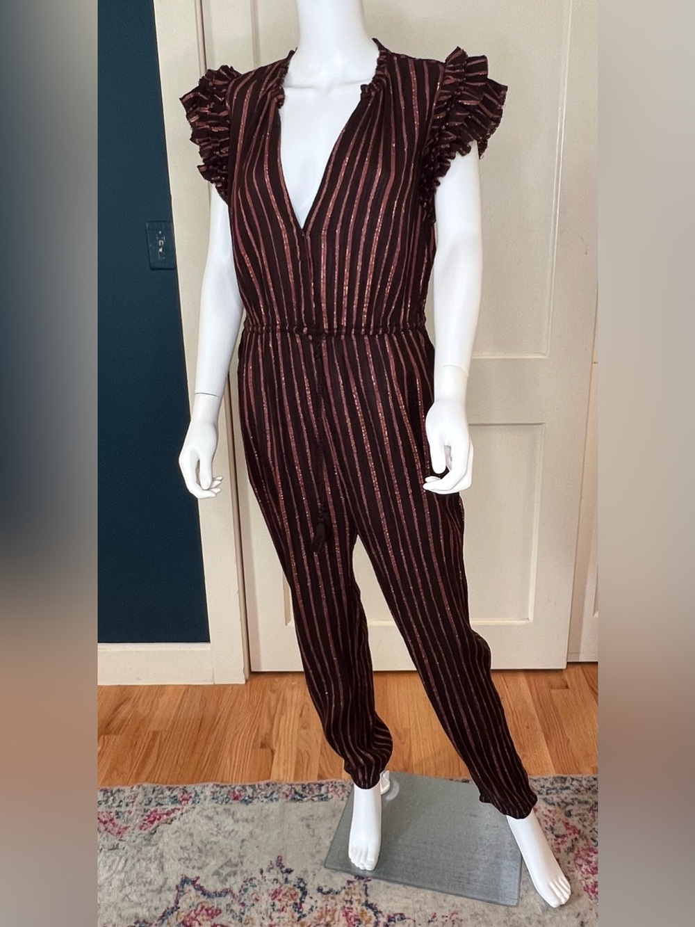 Ulla Johnson Elio Jumpsuit, Copper w/ Metallic Gold Stripe. Size 12